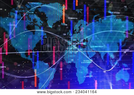 Abstract Forex Wallpaper With Map And Lines. Investment, Trade And Finance Concept. 3d Rendernig