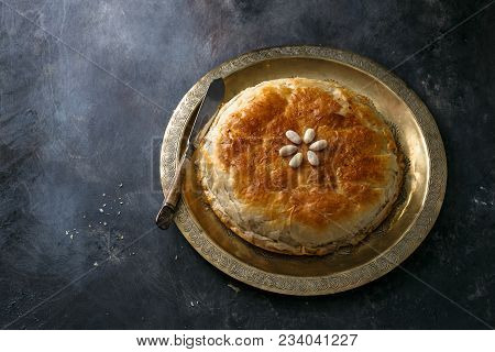 Moroccan Bastilla On Copper Palte, Space For Wording.