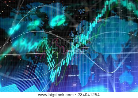 Abstract Forex Texture With Map And Lines. Investment, Trade And Finance Concept. 3d Rendernig