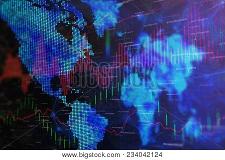 Blue Forex Wallpaper With Map And Lines. Investment, Trade And Finance Concept. 3d Rendernig