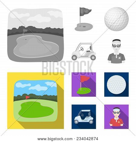 Field With A Hole And A Flag, A Golf Ball, A Golfer, An Electric Golf Cart.golf Club Set Collection 