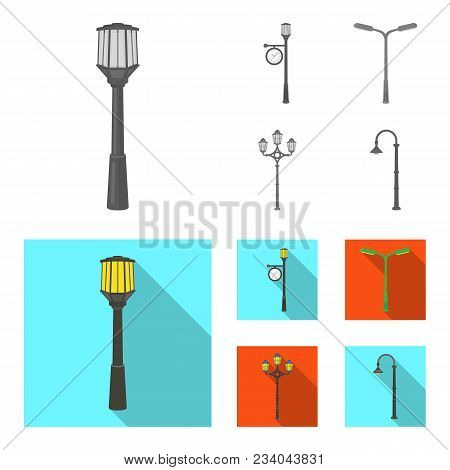 Lamppost In Retro Style, Modern Lantern, Torch And Other Types Of Streetlights. Lamppost Set Collect