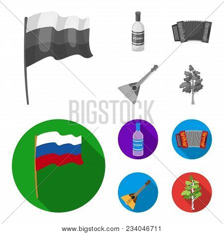 Russia, Country, Vodka, Accordion .russia Country Set Collection Icons In Monochrome, Flat Style Vec