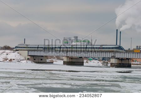 Vordingborg Denmark - March 3. 2018: Dsb Ic4 Train Passing The Masnedsund Bridge