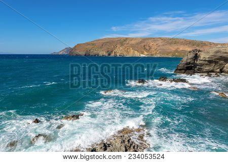 View Of Cliffs And Waves In Windy Day. Papafragas Beach, One Of The Most Impressive Sites Of Milos. 