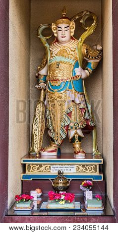 Hacienda Heights, Ca, Usa - March 23, 2018: Closeup Of  Weo Tio Bodhisattva Divine Warrior Statue At