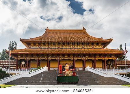 Hacienda Heights, Ca, Usa - March 23, 2018: The Main Shrine Of Hsi Lai Buddhist Temple Under Blue An