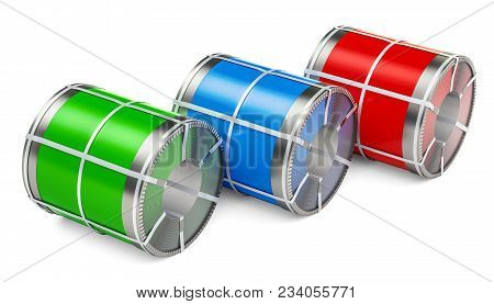 Galvanized Steel Sheet With Polymer Coating In Coils, 3d Rendering Isolated On White Background
