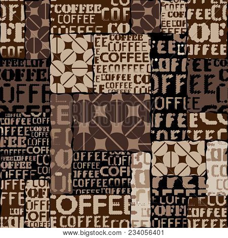 Coffee. Abstract Coffee Pattern On Brown Background With A Lettring. Vector Image.