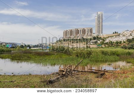 Urban Nature: A Natural Pool Of Water Amidst The Buildings Of Jerusalem, Israel