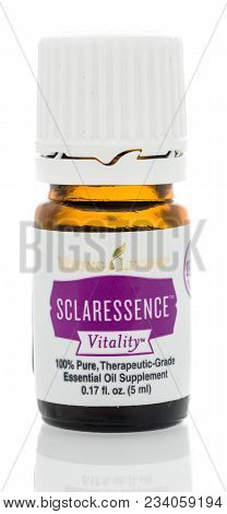 Winneconne, Wi - 23 March 2018:  A Bottle Of Young Living Sclaressence Vitality Essential Oil On An 