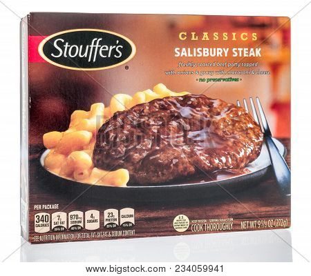 Winneconne, Wi -  30 March 2018: A Box Of Stouffers Salisbury Steak Frozen Meal On An Isolated Backg