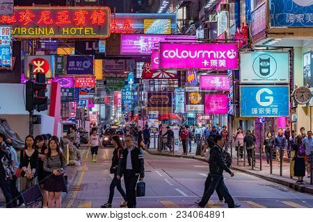 Hong Kong, China - April 24: Street Scene Of Hong Kong At Night With Neon Signs In The Famous Mong K