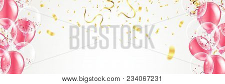 Vector Party Balloons Illustration. Confetti And Ribbons Flag Ribbons, Celebration Background Templa