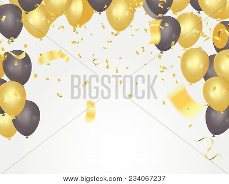 Festive Card Golden Balloons And Confetti, Party Invitation. Festive Celebration