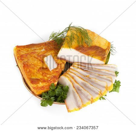 Smoked Salted Bacon With Greens. On A White Background.