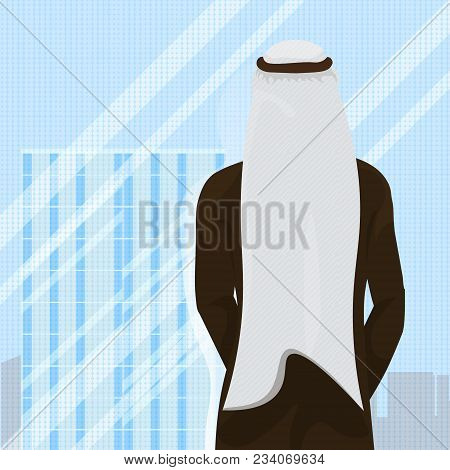 Back Rear View Of Arab Man In Traditional Clothes Looking In Window Flat Vector Illustration