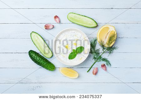 Dip Or Dressing Tzatziki From Greek Yogurt With Ingredients Cucumber, Dill, Lemon, Mint And Garlic O