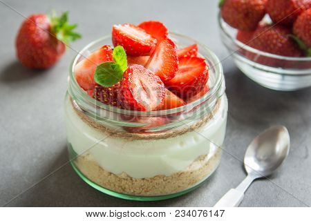 Cheesecake With Strawberries In Jar