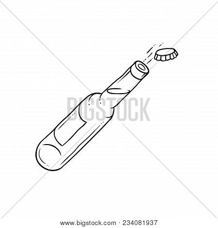 Vector Bottle Of Beer Sketch. Lid Flies Out Of The Bottle With Alcohol Or Other Drink. Black And Whi