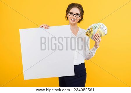 Caucasian Brunette Smiling Attractive Businesswoman In Formal Dress Holding Money In Her Hands With 