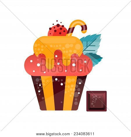 Original Icon Of Tasty Cupcake With Gradients And Texture. Sweet Muffin Decorated With Candy Cane, R