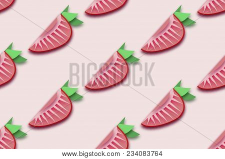 Red Strawberry Seamless Pattern In Paper Cut Style. Origami Healthy Food On Pink. Summertime. Vector