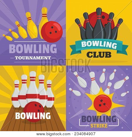 Bowling Kegling Banner Concept Set. Flat Illustration Of 4 Bowling Kegling Vector Banner Horizontal 