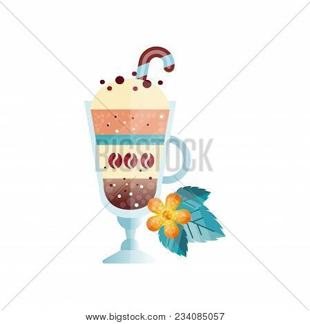 Transparent Glass Of Hot Coffee Drink With Creamy Foam. Cup Of Delicious Beverage With Sweet Candy C