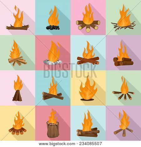 Bonfire Night Fire Icons Set. Flat Illustration Of 16 Bonfire Night Fire Vector Icons For Web