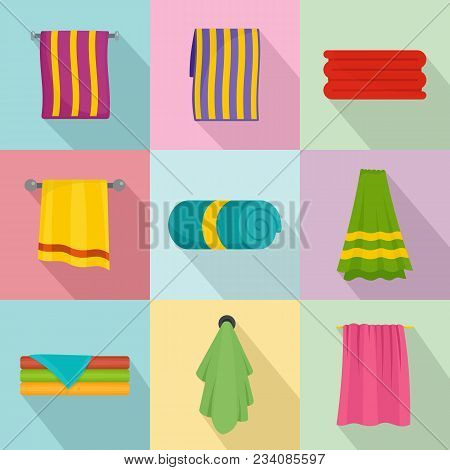 Towel Hanging Spa Bath Icons Set. Flat Illustration Of 9 Towel Hanging Spa Bath Vector Icons For Web