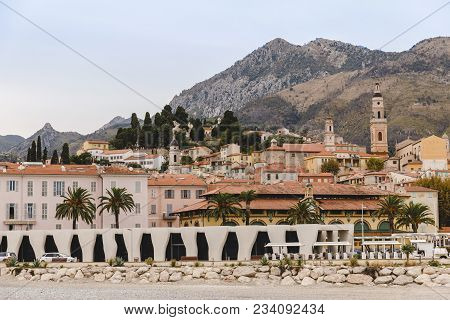 Menton, France - 17 September 2017: Building On Coast Of Small Town At France, Menton, France