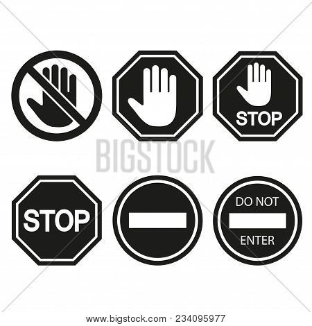 Stop Signs Collection In Black And White, Traffic Sign To Notify Drivers And Provide Safe And Orderl