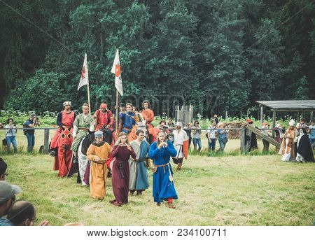 Ritter Weg, Russia, Morozovo, April 2017: Procession Of The Festival Participants. Reconstruction Ro