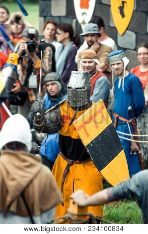 Ritter Weg, Russia, Morozovo, April 2017: Festival Of The European Middle Ages. Medieval Joust Knigh