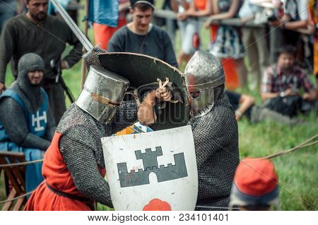 Ritter Weg, Russia, Morozovo, April 2017: Festival Of The European Middle Ages. Medieval Joust Knigh