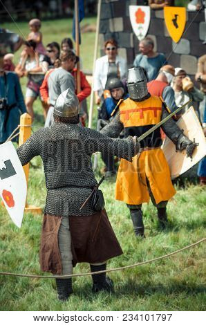 Ritter Weg, Russia, Morozovo, April 2017: Festival Of The European Middle Ages. Medieval Joust Knigh