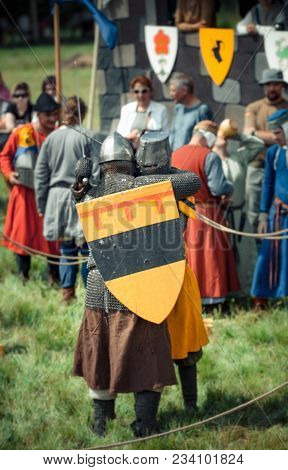 Ritter Weg, Russia, Morozovo, April 2017: Festival Of The European Middle Ages. Medieval Joust Knigh