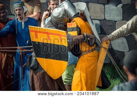 Ritter Weg, Russia, Morozovo, April 2017: Festival Of The European Middle Ages. Medieval Joust Knigh
