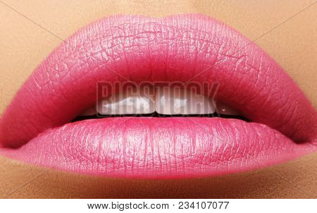 Sweet Kiss. Perfect Natural Pink Lip Makeup. Close Up Macro Photo With Beautiful Female Mouth. Plump