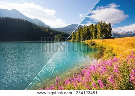 Breathtaking lake Champfer is a unique place. Location Silvaplana village, Swiss alps, Maloja, Europe. Beauty of earth. Images before and after. Original or retouch, example of photo editing process.