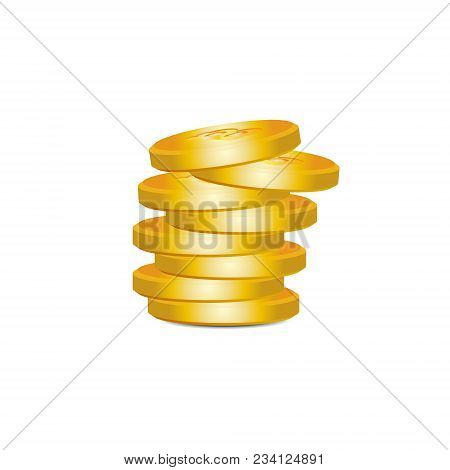 Golden Bitcoin Bunch On White Backgraund. Vector Illustration.