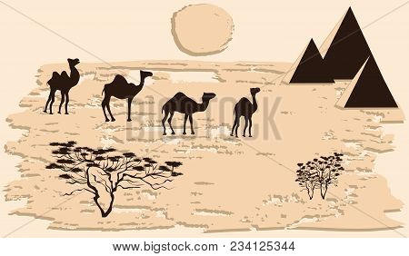Caravan Of Camels In The Desert, Saxaul, Pyramid, Sun - Abstract Grunge Light Beige Background - Vec