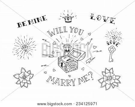 Set Of Hand Drawn Traditional Tattoo Elements. Vintage Vector Design For Stickers Ar Prints.