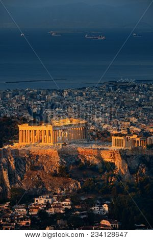 Athens skyline sunrise viewed from Mt Lykavitos with Acropolis, Greece.