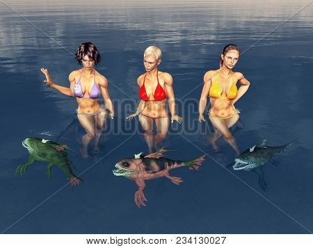 Computer Generated 3d Illustration With Attractive Women Bathing In The Sea Surrounded By  Monstrous