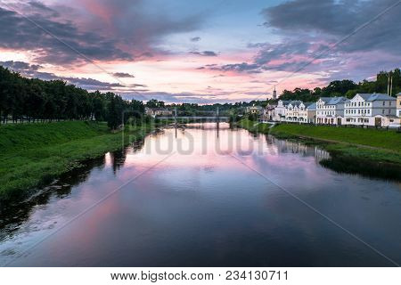 Dramatic Sunset Sky Over The Tvertsa River And Its Picturesque Shores After Storm. Russian Provincia