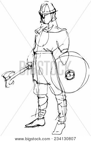 Black And White Vector Sketch Medieval Warrior In Armor With Ax And Shield