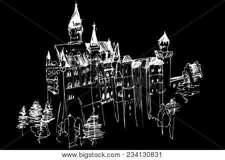 Black And White Vector Sketch Of A High Medieval Castle