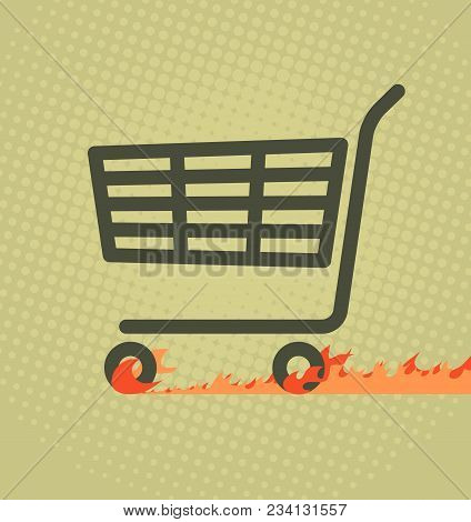 Sale Poster With A Shopping Cart Leaving A Burning Track After It.